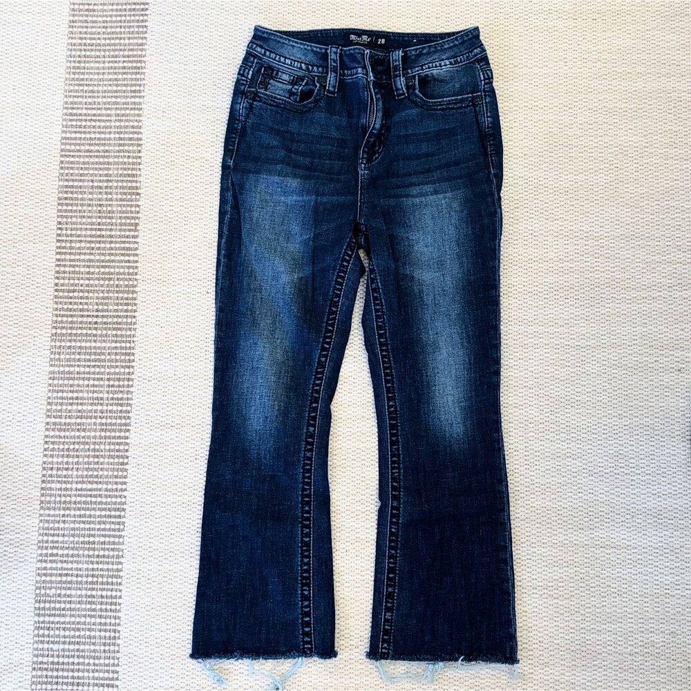 Miss Me Bootcut Jeans Women's Size 28 Medium Wash Raw Hem Western Stitch EUC